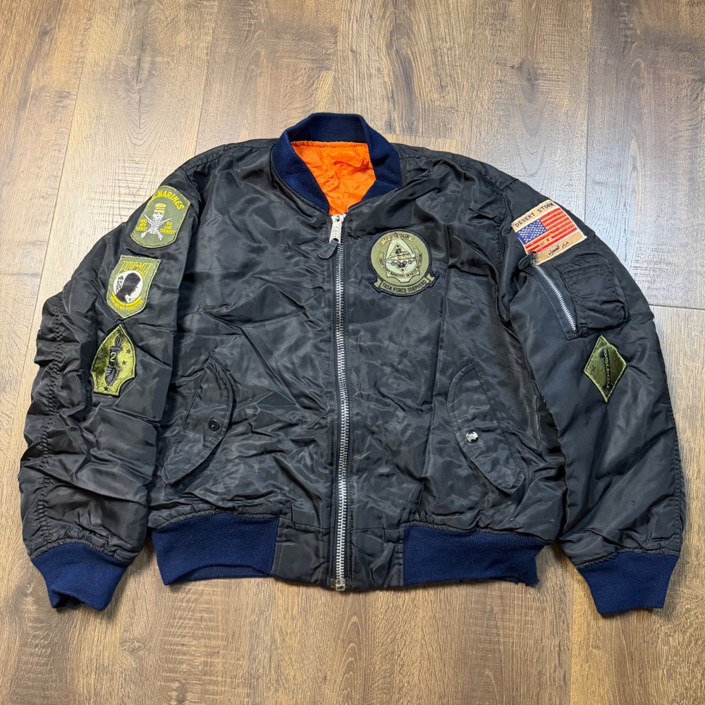 Vintage 80s 90s Alpha Industries Mens L Black MA-1 Bomber Jacket Military Patch